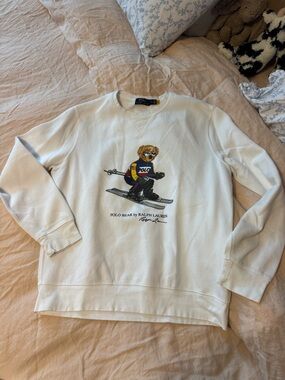 Ralph Lauren White Crewneck with Skiing Polo Bear Graphic